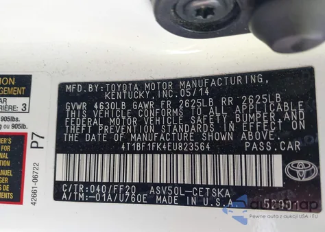 2014 Toyota Camry Se z USA, uszkodzony, nr VIN 4T1BF1FK4EU823564